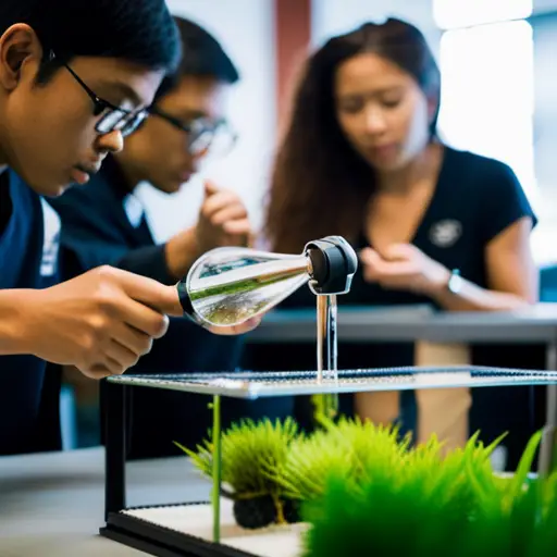 An image of a classroom filled with students engaged in building and maintaining an aquascape