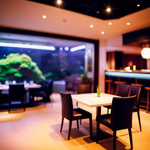 An image of a sleek, modern restaurant with a large, intricate aquascape as the centerpiece