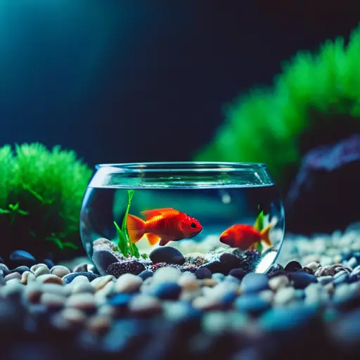 An image of a serene underwater landscape in a fish tank, with carefully arranged rocks, plants, and fish