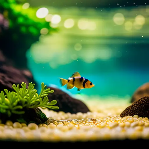 an underwater scene in a freshwater aquarium, with carefully arranged rocks, plants, and fish, using a macro lens to capture intricate details and vibrant colors