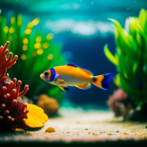 An image of a vibrant, lush underwater aquarium landscape, teeming with diverse species of fish, plants, and coral