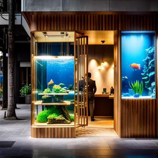 An image of a sleek, modern storefront with large glass tanks filled with vibrant, lush aquatic plants and exotic fish