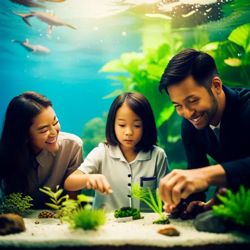 a photo of a family gathered around a freshwater aquarium, carefully arranging plants and rocks to create a beautiful underwater landscape