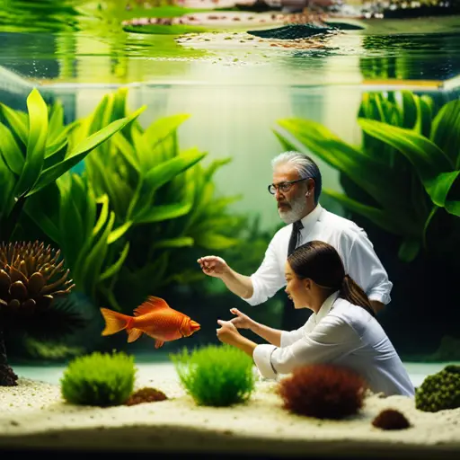 An image of a group of aquascaping enthusiasts gathered around a beautifully designed aquarium, discussing and sharing ideas