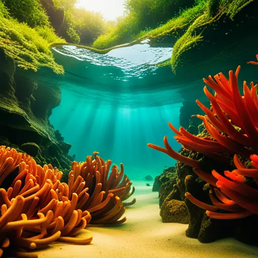 An image of a vibrant, underwater landscape with intricate rock formations, lush vegetation, and colorful fish