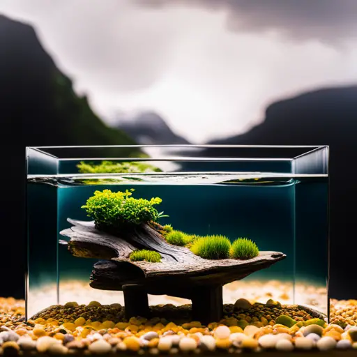 An image of a beginner aquascape tank with a variety of low-maintenance plants, smooth rocks, and driftwood