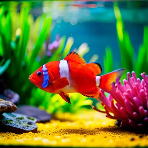 An image of a colorful underwater landscape in a fish tank, with vibrant aquatic plants, rocks, and playful fish