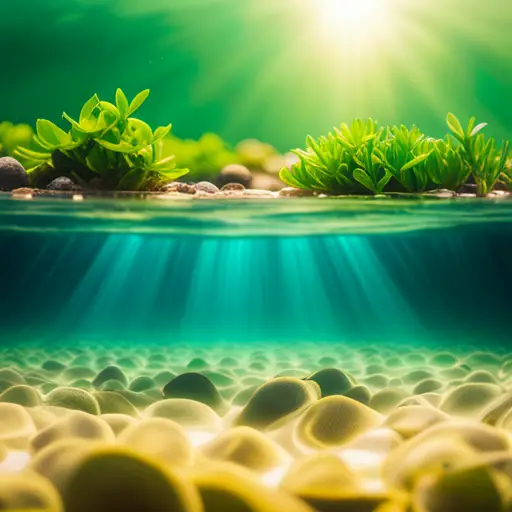 An image of a vibrant underwater landscape with a variety of aquatic plants, rocks, and driftwood arranged in a visually appealing and balanced layout