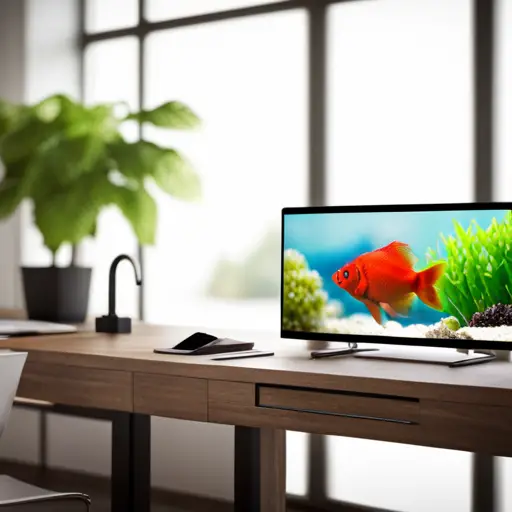 An image of a sleek, modern office desk with a small, elegant aquarium featuring lush, vibrant aquatic plants and colorful fish