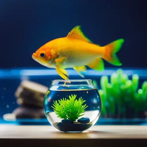 An image of a small glass aquarium filled with lush green aquatic plants, a variety of colorful fish, and carefully arranged rocks and driftwood, all set against a backdrop of a serene, minimalist interior space