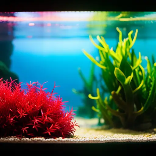 An image of a vibrant underwater landscape within a school aquarium, featuring colorful aquatic plants, rocks, and driftwood arranged to mimic a natural environment for educational purposes