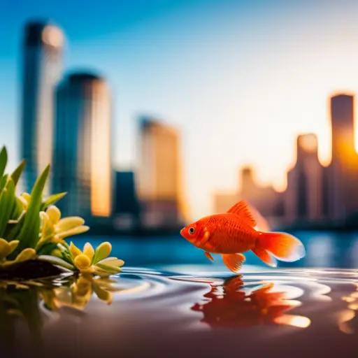 An image of a sleek, modern aquarium filled with vibrant aquatic plants and colorful fish, set against a backdrop of urban skyscrapers and bustling city streets