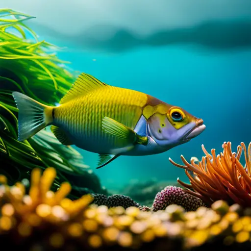 An image of a serene underwater scene with lush aquatic plants, carefully arranged rocks, and colorful fish, all expertly designed and maintained by a knowledgeable aquascaping mentor