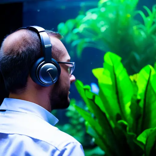 An image of a person wearing headphones, surrounded by vibrant aquatic plants and colorful fish in a beautifully designed aquarium