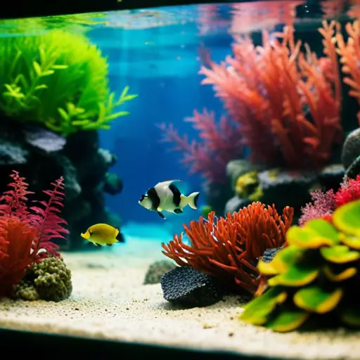 An image of a bustling aquascaping trade show, with vendors showcasing elaborate underwater landscapes, colorful fish, and intricate plant arrangements