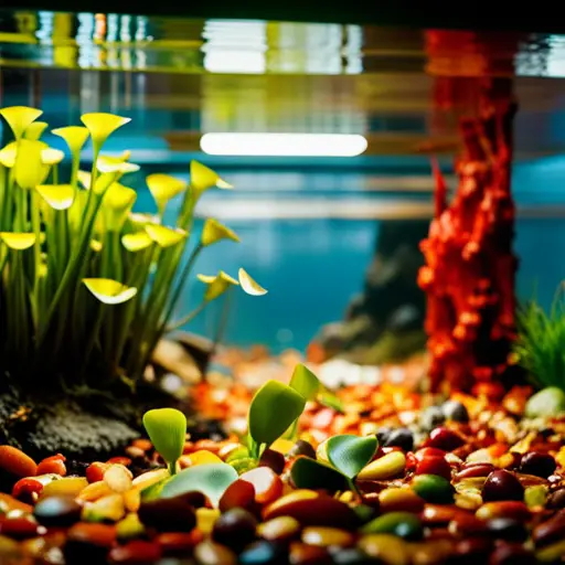An image of a submerged aquarium filled with vibrant green carnivorous plants, such as Venus flytraps and pitcher plants, surrounded by colorful pebbles and driftwood