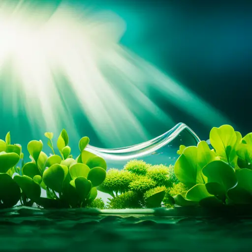 An image of a glass aquarium filled with lush green floating plants, such as water lettuce and duckweed, creating a serene and natural underwater landscape