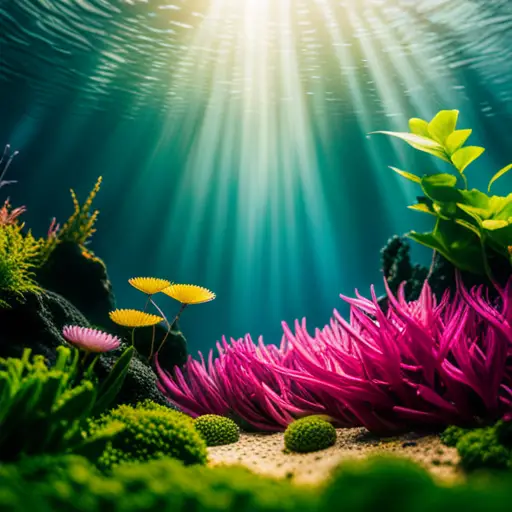 An image of a meticulously designed underwater landscape in a glass aquarium, featuring rare and exotic aquatic plants arranged in a visually stunning and harmonious composition