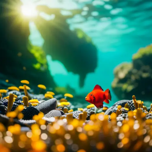 An image of a vibrant, underwater landscape with intricate rock formations, lush green plants, and colorful fish swimming peacefully