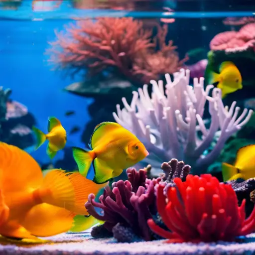 An image of a luxurious, large saltwater aquarium with vibrant coral and exotic fish, surrounded by a lavish celebrity home