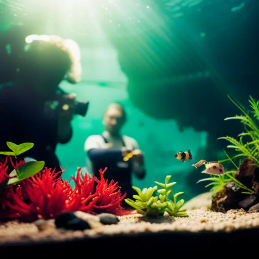 An image of a group of diverse individuals working together to design and build a stunning underwater landscape in a large aquarium, with various plants, rocks, and fish