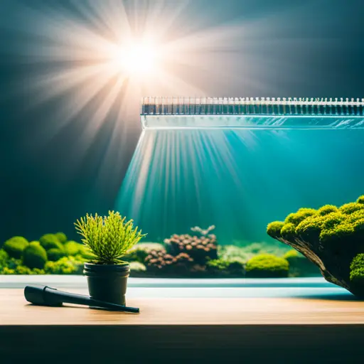 An image of a clean and well-maintained aquascape, with tools like a water test kit, algae scraper, and plant trimmers neatly arranged nearby