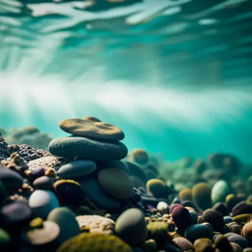 an underwater scene with carefully arranged rocks, plants, and lighting to create depth and perspective
