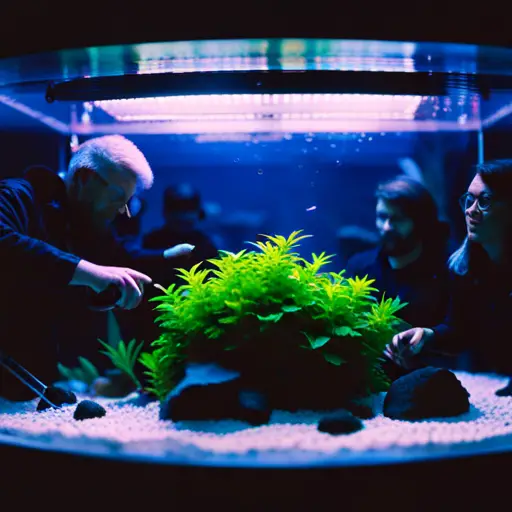 An image of a group of people gathered around a large, intricate aquascape tank, with a variety of plants and fish