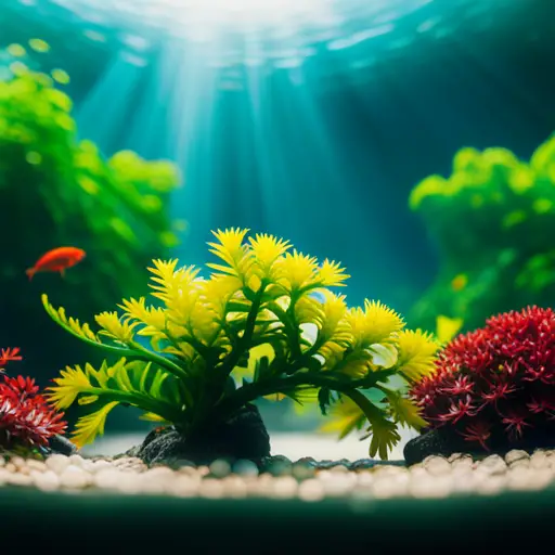 An image of a serene aquarium with lush, green aquatic plants thriving in the water
