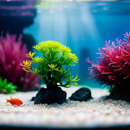 a close-up image of a beautifully arranged underwater landscape in a fish tank, with lush green plants, colorful fish, and intricate rock formations