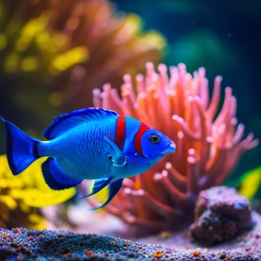 An image of a vibrant marine aquarium with live coral, colorful fish, and intricate rock formations