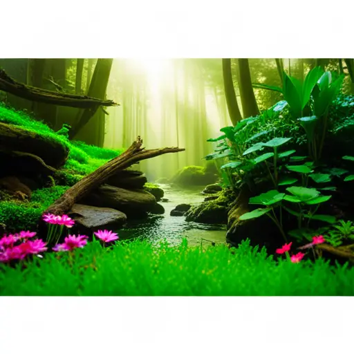 a serene Dutch style aquascape with a lush carpet of vibrant green plants, meticulously arranged driftwood and rocks, and a variety of colorful, healthy aquatic plants