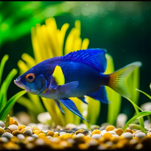 An image featuring a variety of colorful fish swimming peacefully in a lush, densely planted aquascape