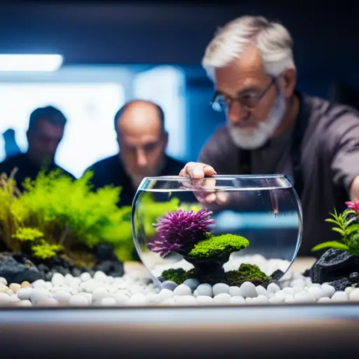 An image of a group of aquascaping enthusiasts carefully arranging aquatic plants and rocks in a large aquarium, with judges observing the competition and taking notes