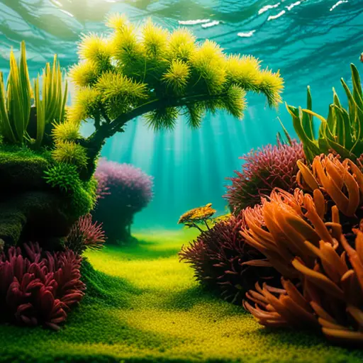 An image of a vibrant underwater aquascape with a variety of aquatic plants and fish, featuring an air pump and filtration system seamlessly integrated into the design