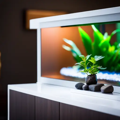 An image of a modern living room with a sleek aquarium as a focal point
