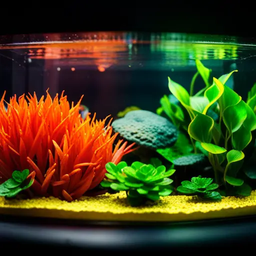 An image of a prominent aquascaper meticulously arranging vibrant aquatic plants and rocks in a glass aquarium, while being interviewed by a curious journalist