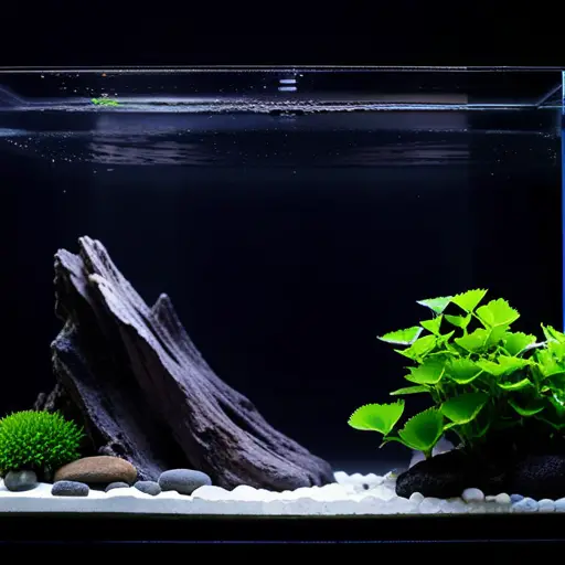 An image of a perfectly balanced Iwagumi aquascape, featuring a simple arrangement of rocks, fine-grained substrate, and a few carefully placed aquatic plants