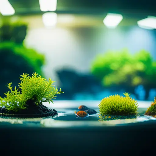 An image of a group of aquascapers gathered around a beautifully designed aquarium, sharing tips, and exchanging contact information at a networking event