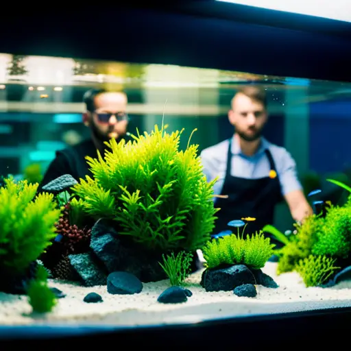 An image of a group of people gathered around a large, intricately designed aquascape tank, with various plants and fish