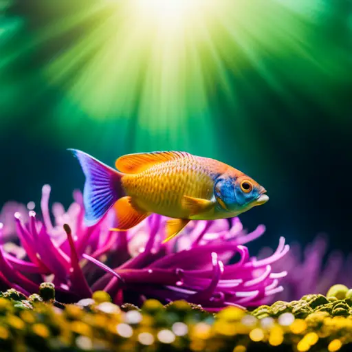 An image of a vibrant underwater aquarium with lush green plants and colorful fish, showing the transition from summer to fall with changing foliage and water clarity