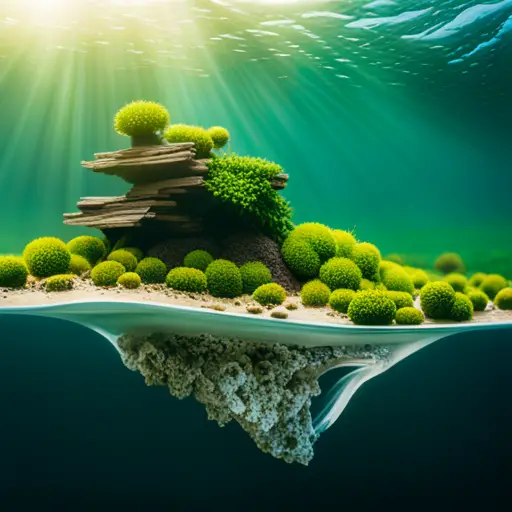 An image of a carefully arranged aquascape with a variety of aquatic plants, rocks, and driftwood, creating a harmonious and visually appealing underwater landscape
