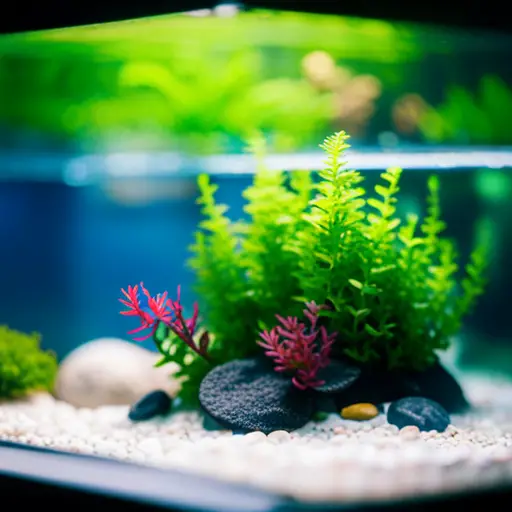 An image of a carefully arranged underwater landscape in a fish tank, featuring diverse plant species, natural-looking rock formations, and a variety of aquatic inhabitants