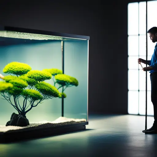 An image of a person carefully placing aquatic plants and rocks into a freshwater aquarium, with a ruler and measuring tape nearby to represent compliance with size and weight regulations