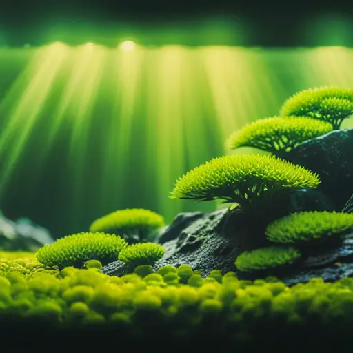 An image of an aquascape with clear water, healthy green plants, and a variety of fish