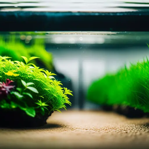 a close-up shot of a shallow glass aquarium filled with lush green carpeting plants and small rocks, with mist rising from the surface